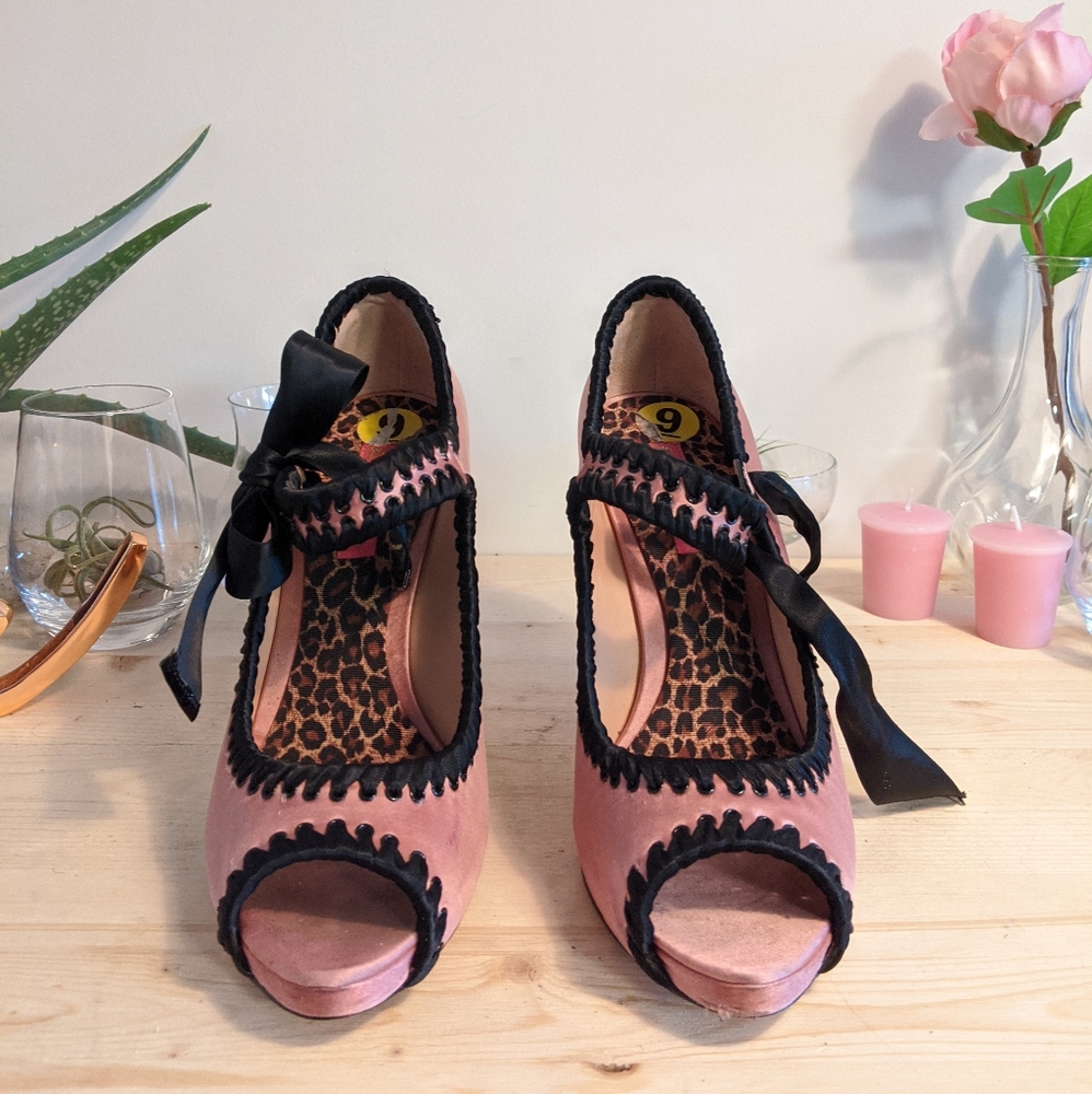 Betsey Johnson Pink and Black Peep-Toe Mary Jane Heels - Picture 2 of 5